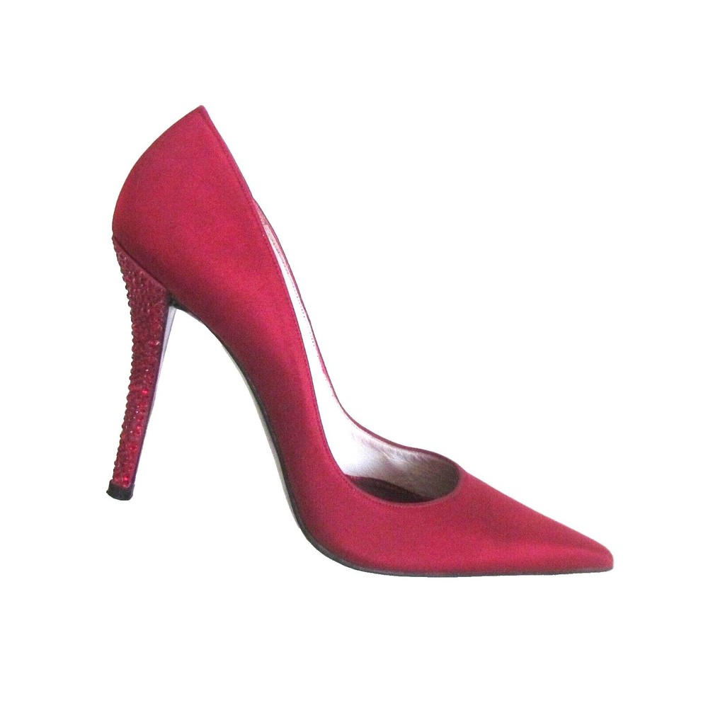 Designer Stuart Weitzman Tail Cherry Red Satin Crystal Detail High Heels 9.M